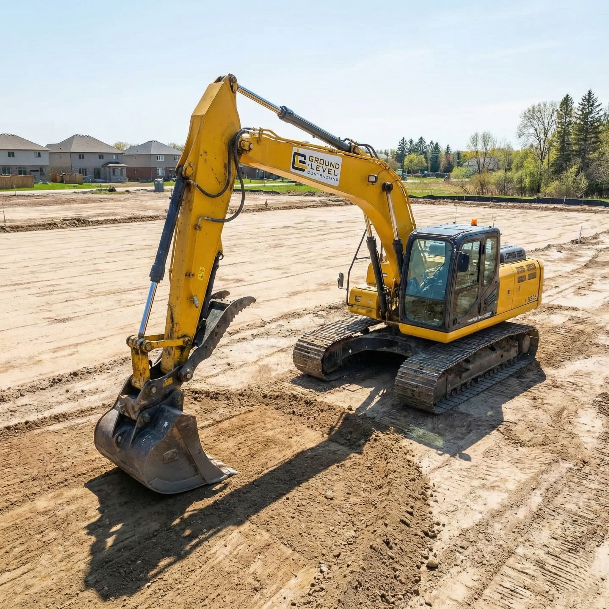 Grading equipment shaping a commercial site pad for construction turnover