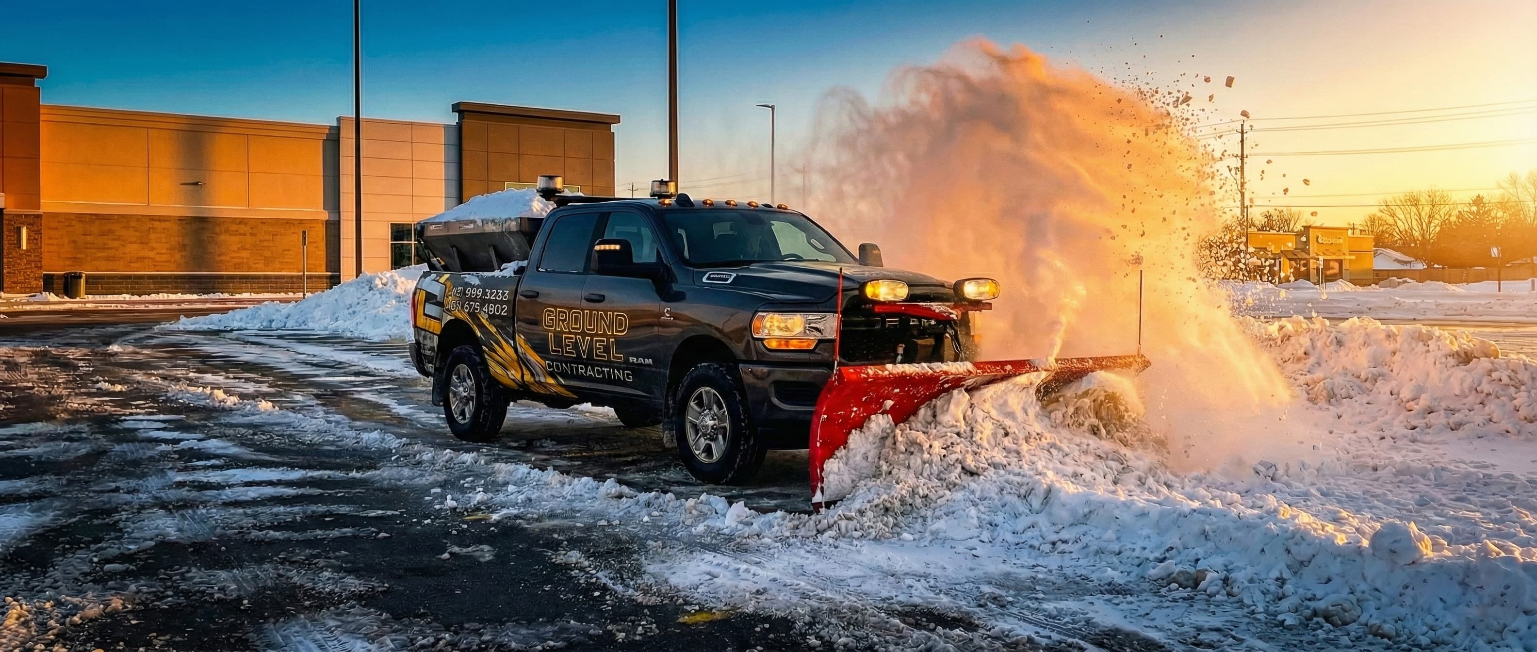 Ground Level Contracting snow removal truck and loader staged on a cleared commercial lot in daylight