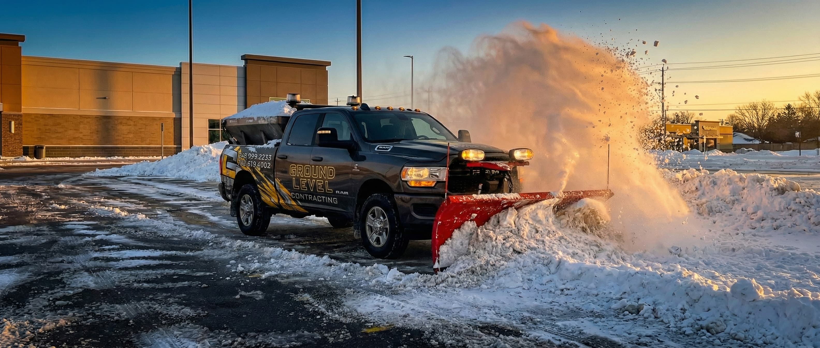 Ground Level Contracting plow truck clearing a commercial parking lot during winter operations