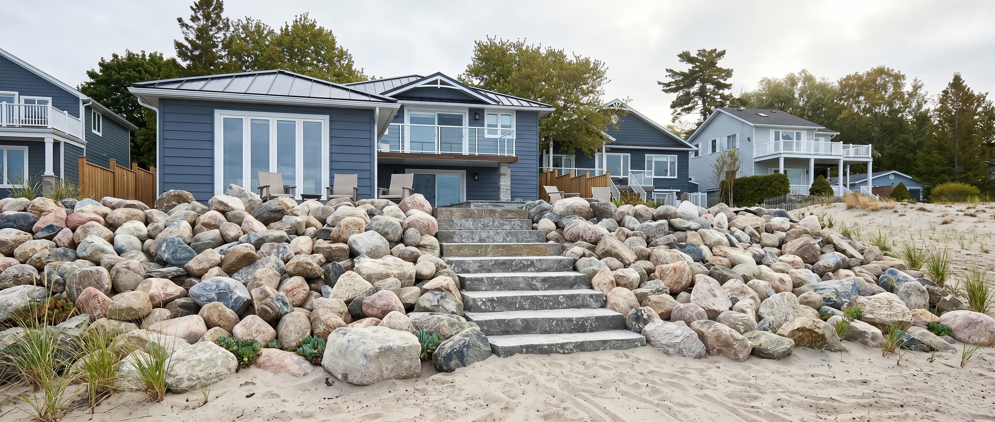 Waterfront armour stone wall Innisfil Ontario Lake Simcoe shoreline protection