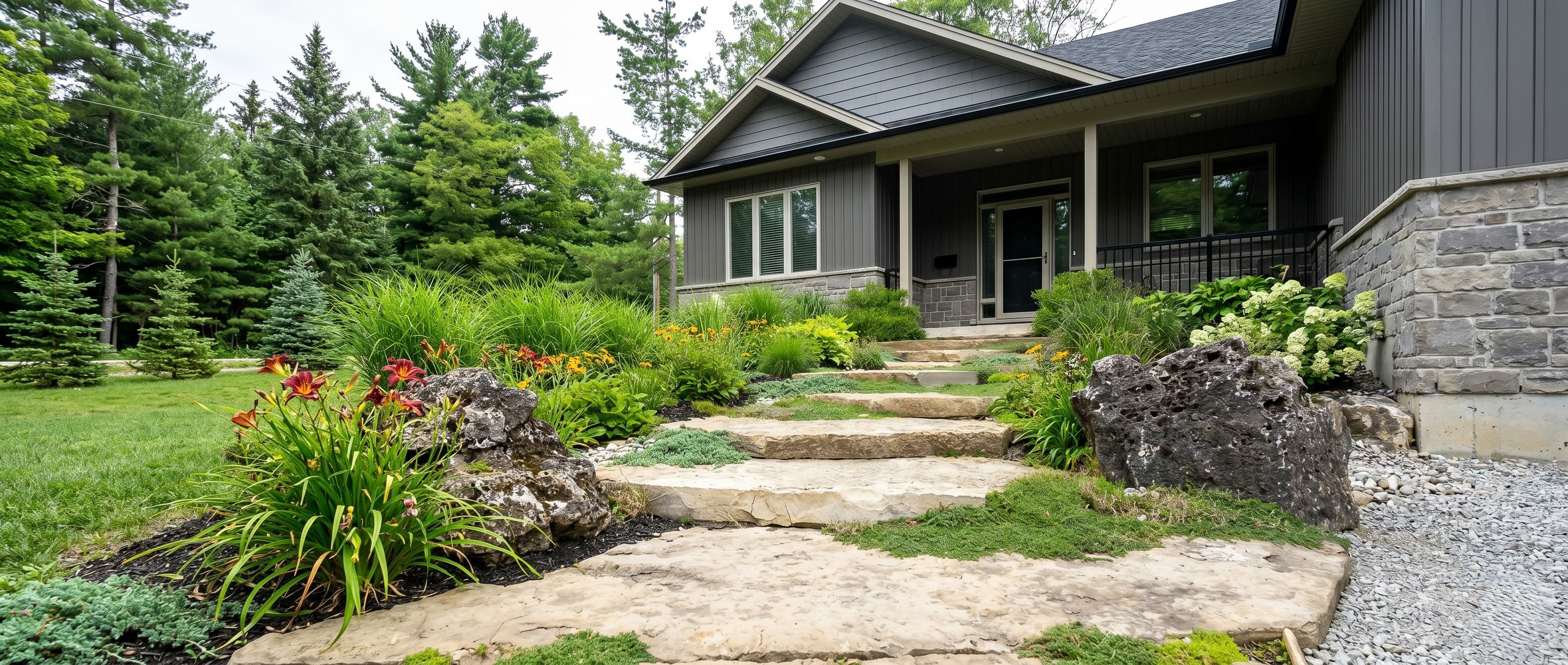 Drainage retaining wall landscaping integration luxury property Innisfil Ontario