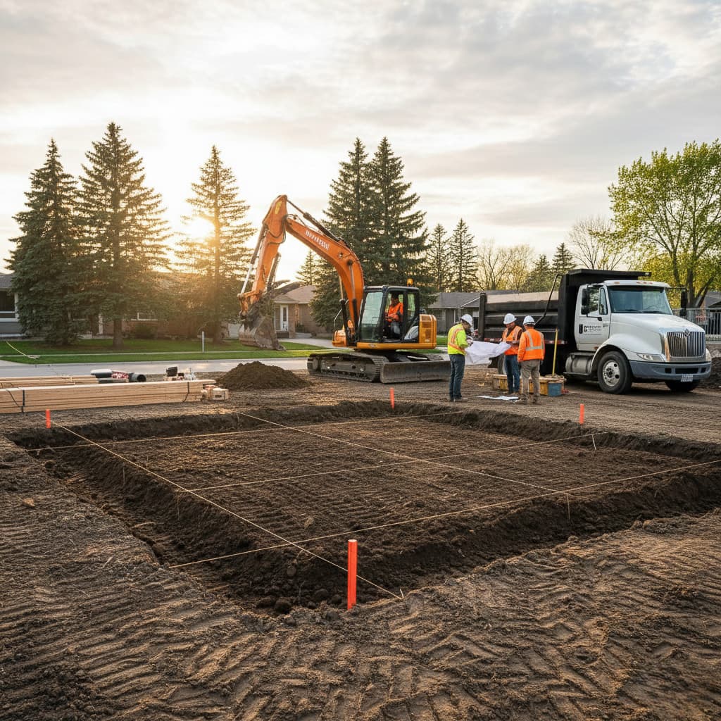 Machine-controlled trench and grade on a Simcoe County civil project