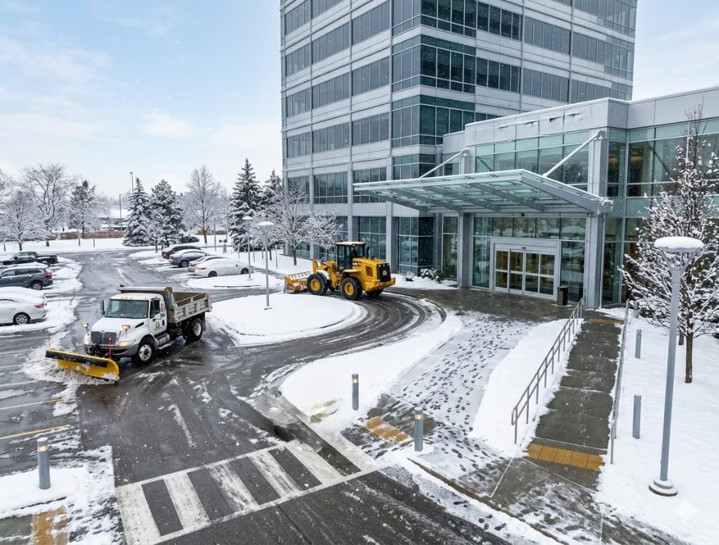 Commercial snow removal at a modern office complex — plow truck and yellow wheel loader clearing the main entrance drive and parking in Barrie area winter conditions