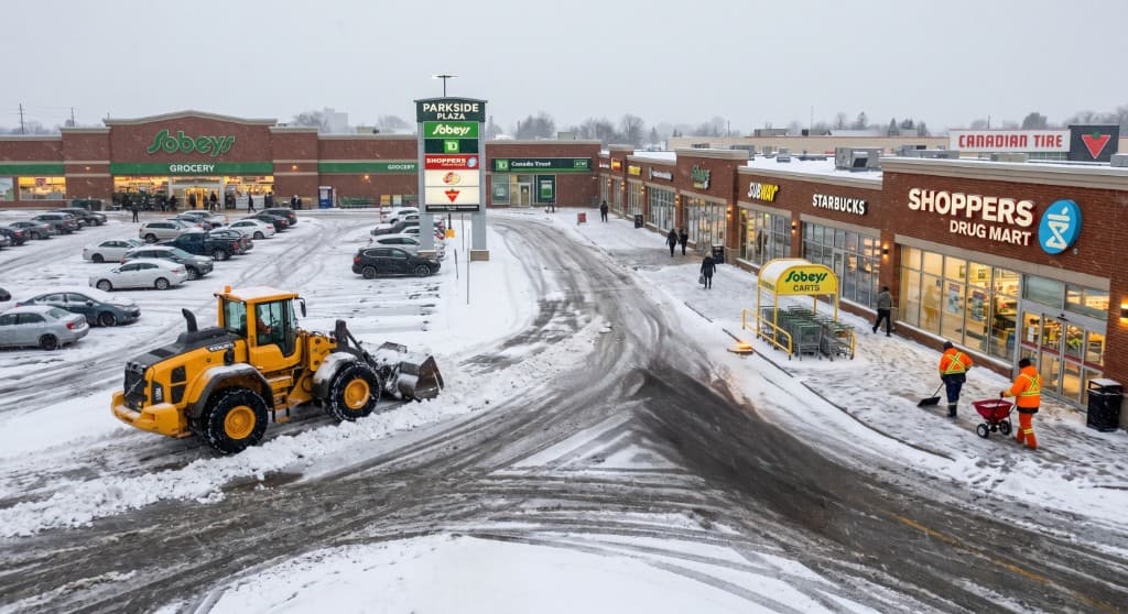 Yellow loader and crew clearing snow and salting walks at Parkside Plaza retail centre in Simcoe County